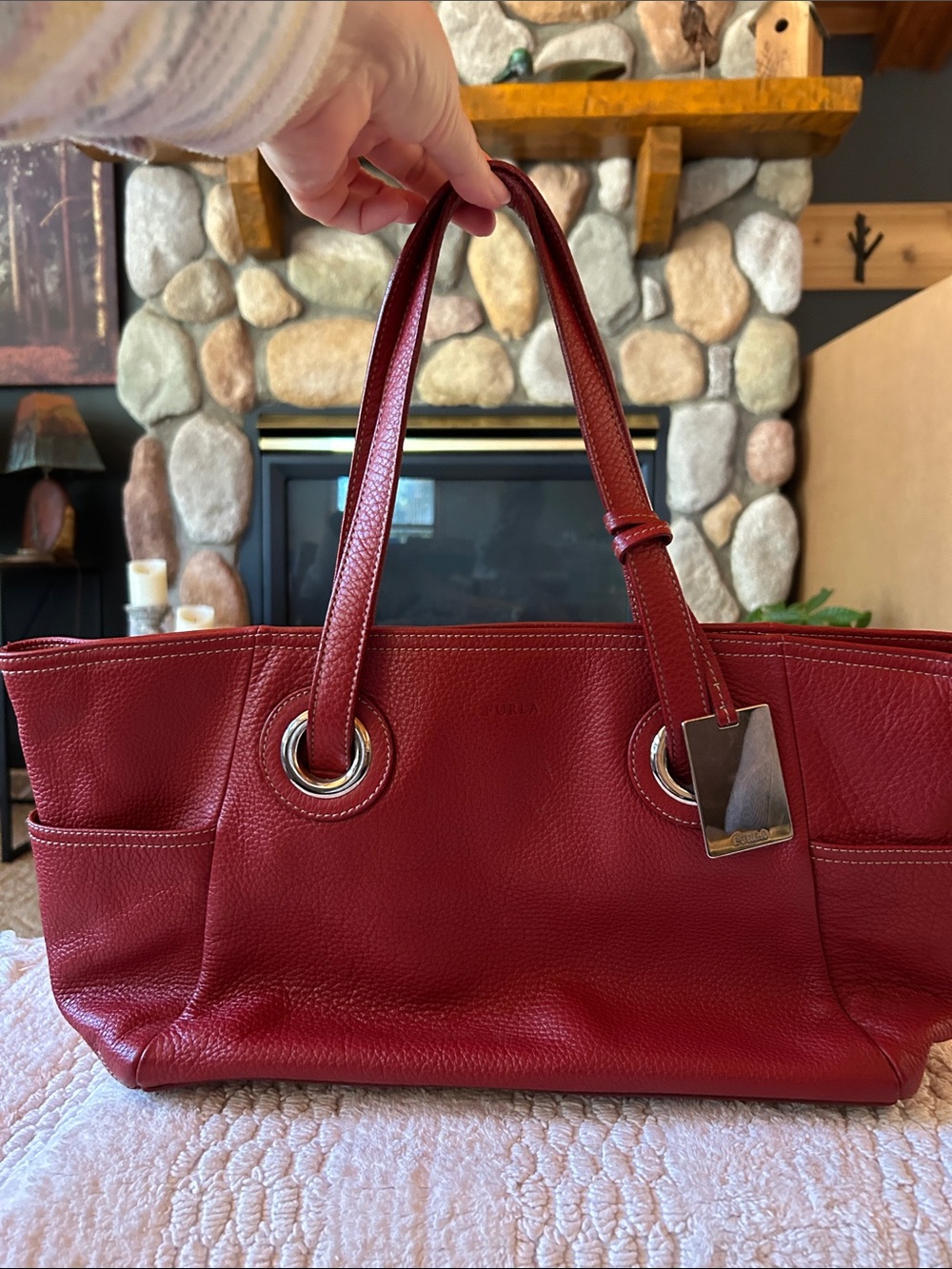 Furla Red Leather Tote Bag, Size Large